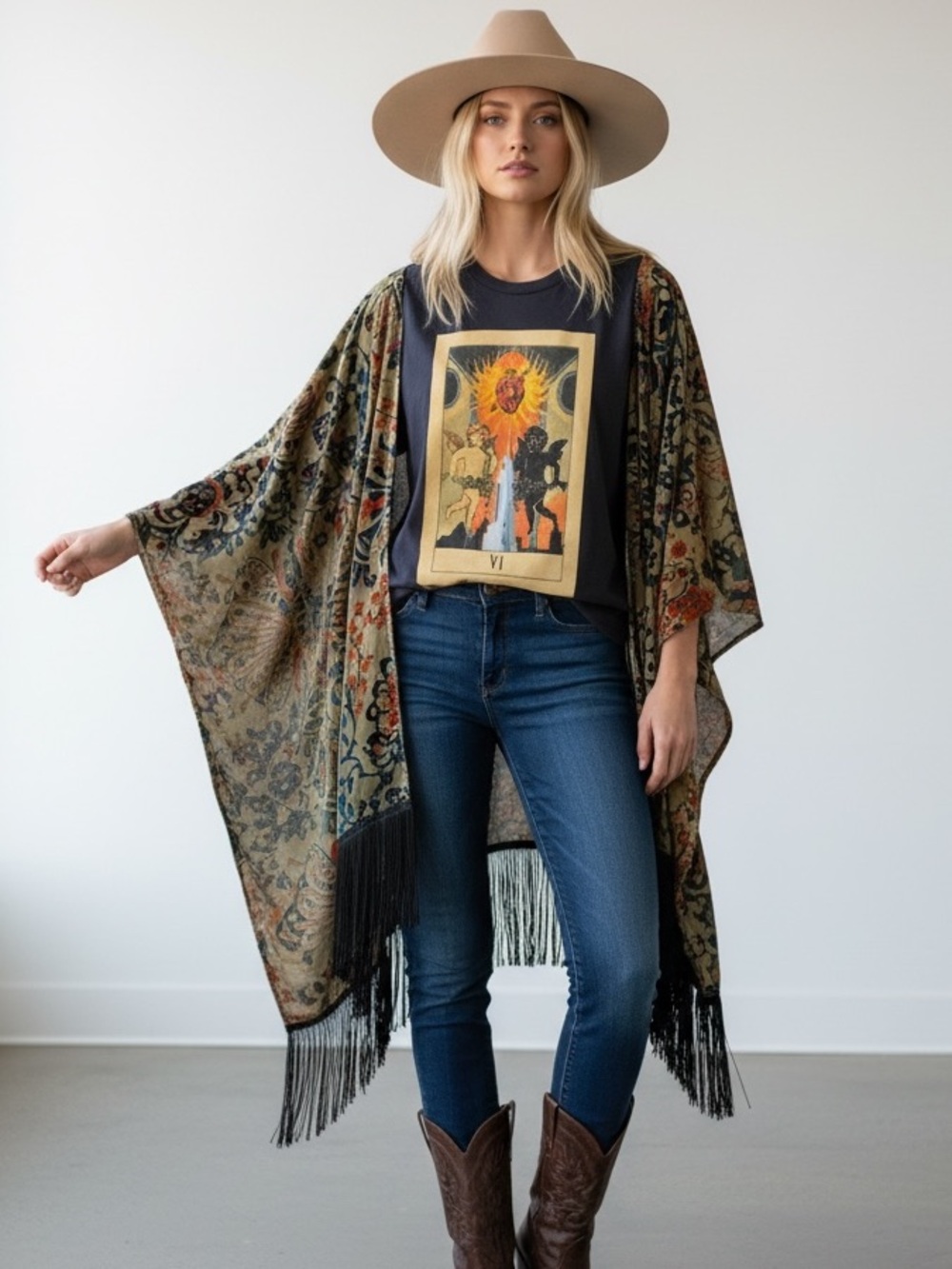 0058. One-of-a-kind Custom Smashing Pumpkins Poncho - Olive Floral Velvet Burnou